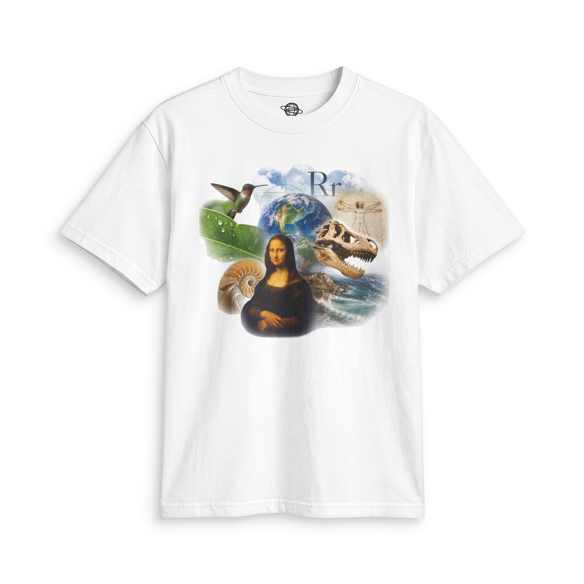 White 90s Encyclopedia graphic tee with a colorful collage of art, science, history, and nature