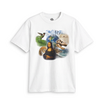 White 90s Encyclopedia graphic tee with a colorful collage of art, science, history, and nature