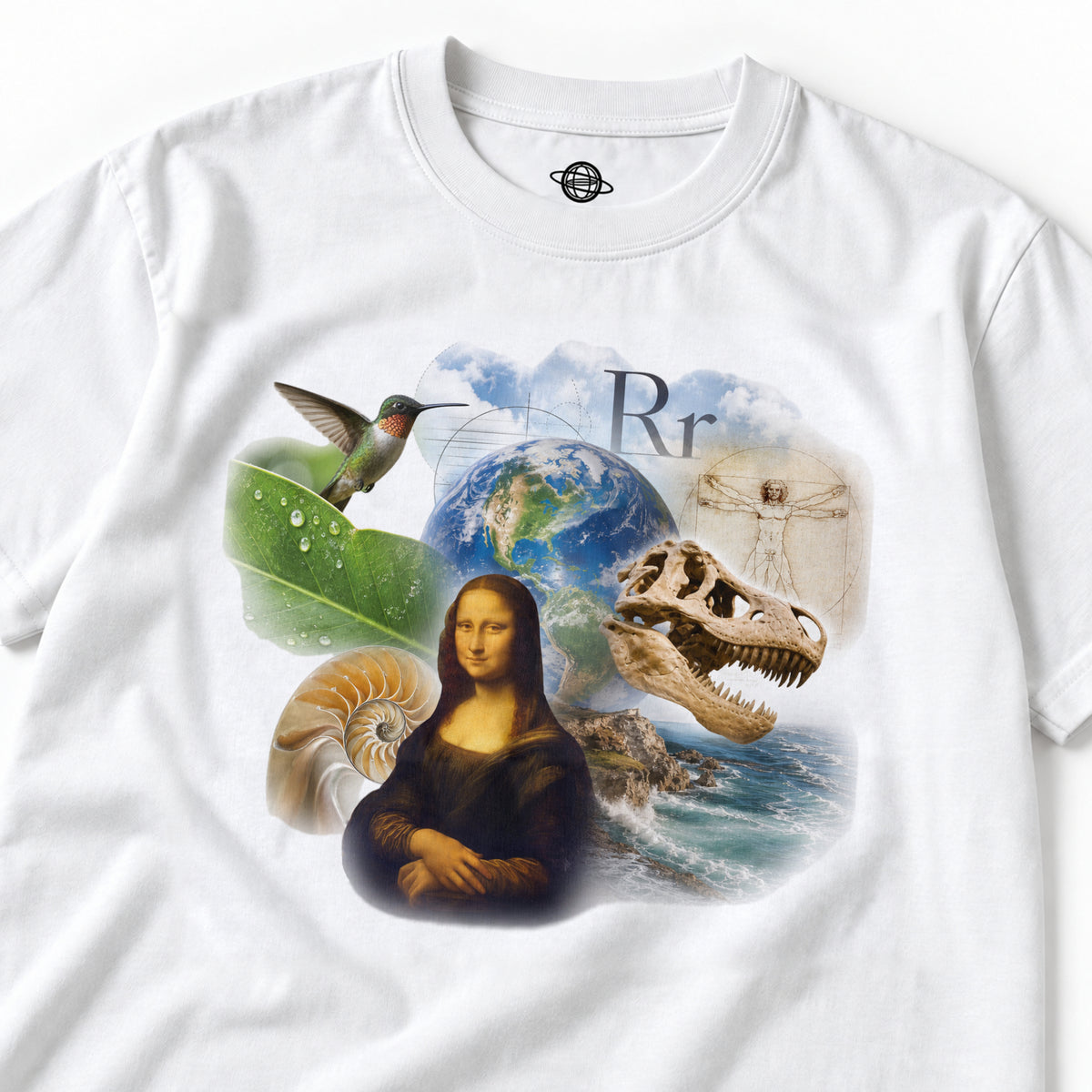 White 90s Encyclopedia graphic tee with a colorful collage of art, science, history, and nature