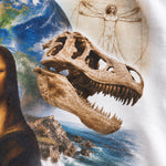 White 90s Encyclopedia graphic tee with a colorful collage of art, science, history, and nature