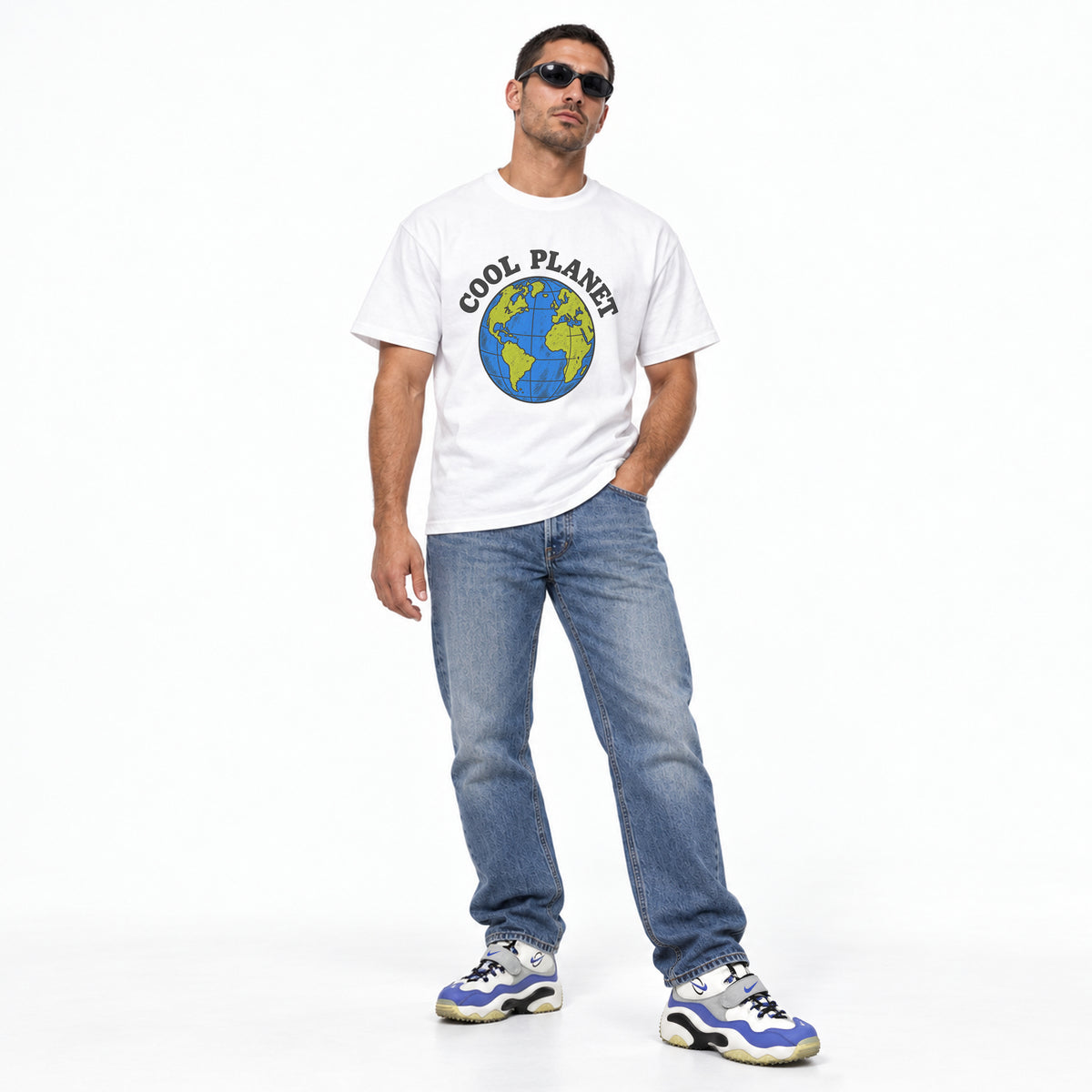 White 90s Encyclopedia graphic tee with a colorful collage of art, science, history, and nature