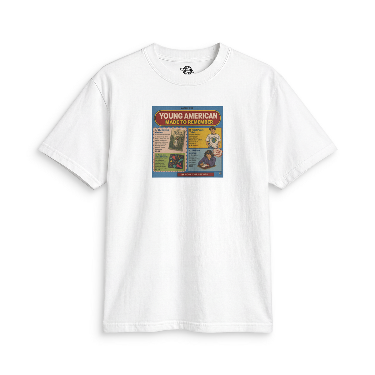 White scholastic book fair graphic tee with a colorful collage of literature and nostalgic art.