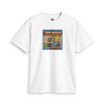 White scholastic book fair graphic tee with a colorful collage of literature and nostalgic art.