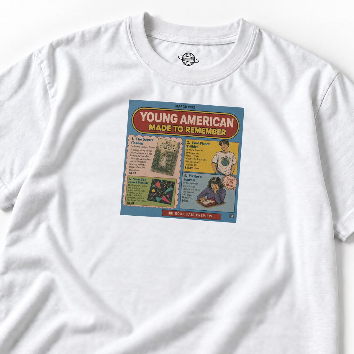 White scholastic book fair graphic tee with a colorful collage of literature and nostalgic art.