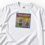 White scholastic book fair graphic tee with a colorful collage of literature and nostalgic art.