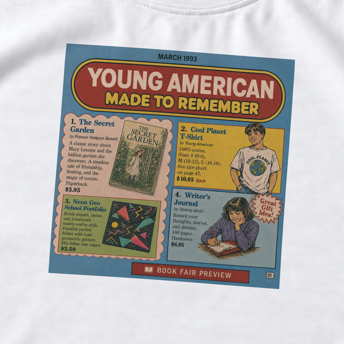 White scholastic book fair graphic tee with a colorful collage of literature and nostalgic art.
