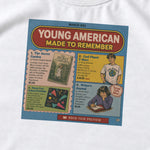 White scholastic book fair graphic tee with a colorful collage of literature and nostalgic art.