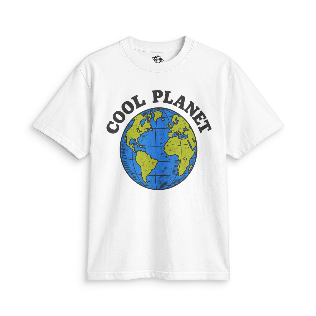 White 90s Cool Planet graphic tee with a blue and green globe and black collegiate lettering