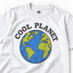 White 90s Cool Planet graphic tee with a blue and green globe and black collegiate lettering