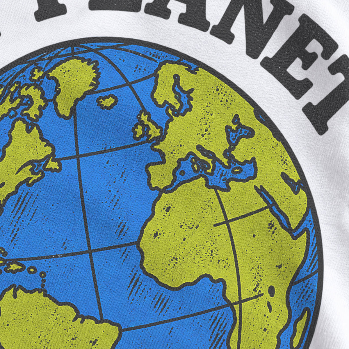 White 90s Cool Planet graphic tee with a blue and green globe and black collegiate lettering