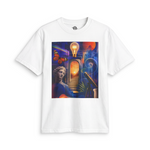 Enlightenment graphic close-up showing a glowing light bulb, butterfly, classical bust, spiral shell and telescope.