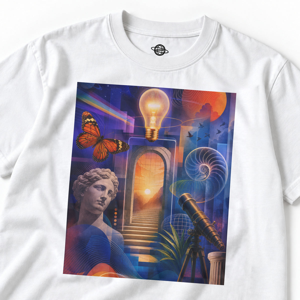 Enlightenment graphic close-up showing a glowing light bulb, butterfly, classical bust, spiral shell and telescope.