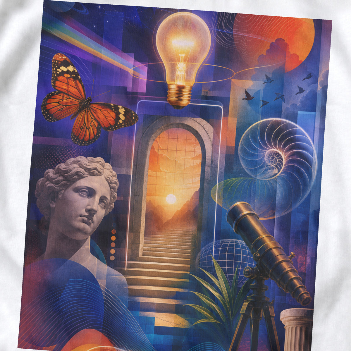 Enlightenment graphic close-up showing a glowing light bulb, butterfly, classical bust, spiral shell and telescope.