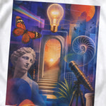 Enlightenment graphic close-up showing a glowing light bulb, butterfly, classical bust, spiral shell and telescope.