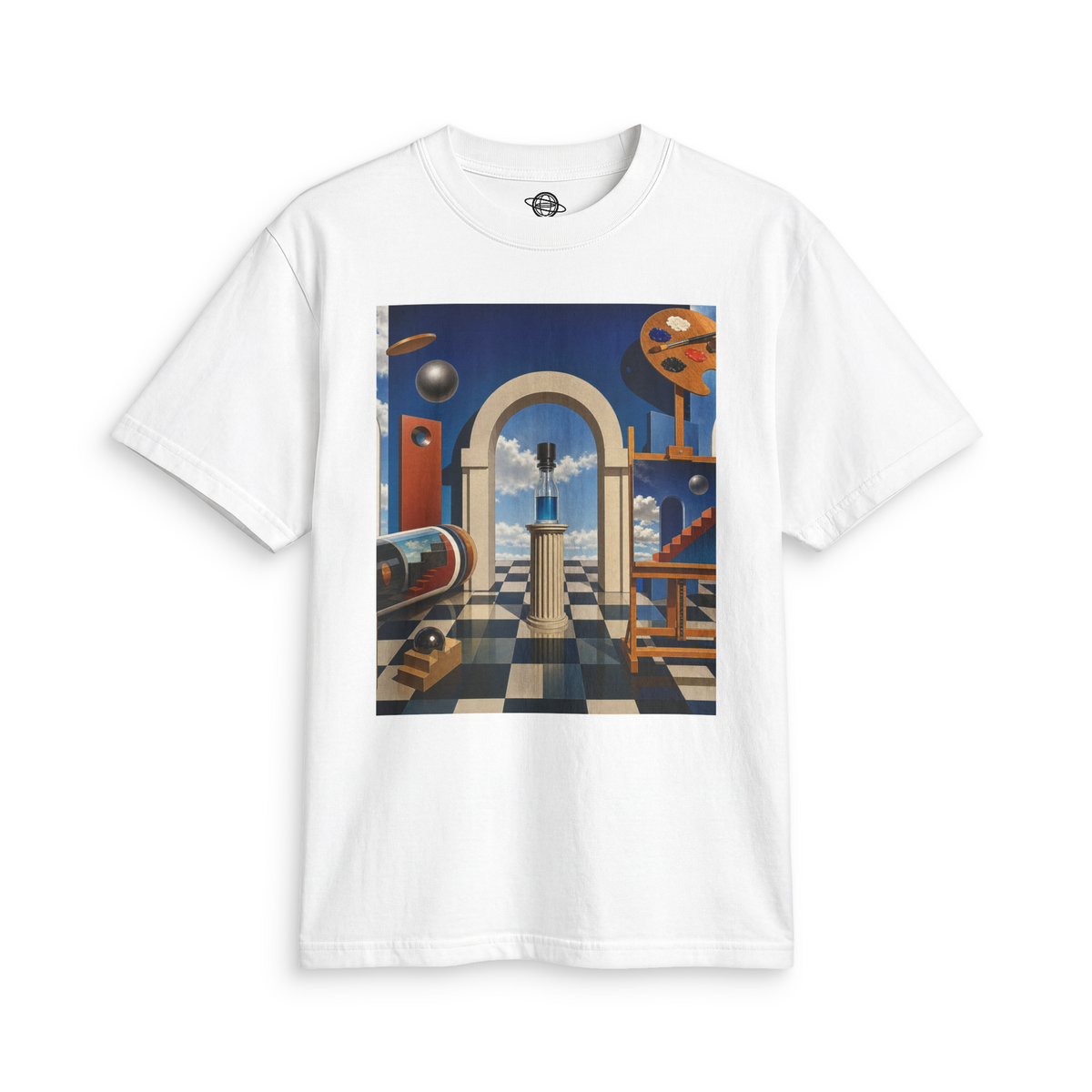 White 90s Utopian Laboratory Tee featuring a colorful futuristic lab graphic with scientific instruments and a checkerboard floor.