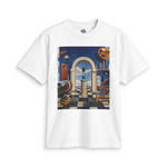 White 90s Utopian Laboratory Tee featuring a colorful futuristic lab graphic with scientific instruments and a checkerboard floor.