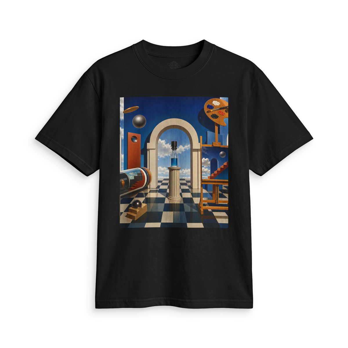 White 90s Utopian Laboratory Tee featuring a colorful futuristic lab graphic with scientific instruments and a checkerboard floor.