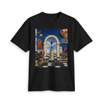 White 90s Utopian Laboratory Tee featuring a colorful futuristic lab graphic with scientific instruments and a checkerboard floor.