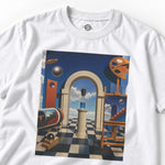 White 90s Utopian Laboratory Tee featuring a colorful futuristic lab graphic with scientific instruments and a checkerboard floor.