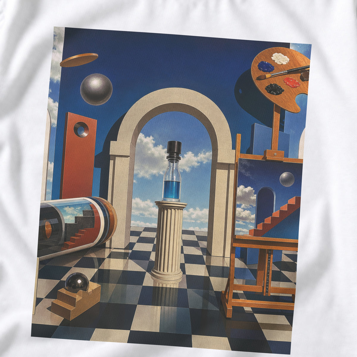 White 90s Utopian Laboratory Tee featuring a colorful futuristic lab graphic with scientific instruments and a checkerboard floor.
