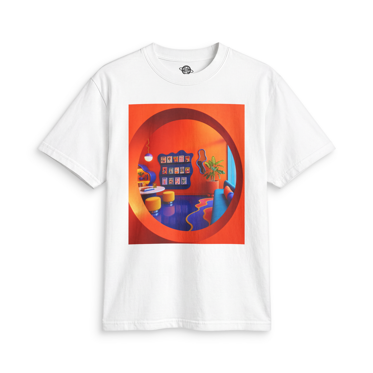 White Wacky Pomo Library tee with an orange circular doorway framing a colorful reading room, blue sofa and books.