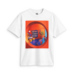 White Wacky Pomo Library tee with an orange circular doorway framing a colorful reading room, blue sofa and books.