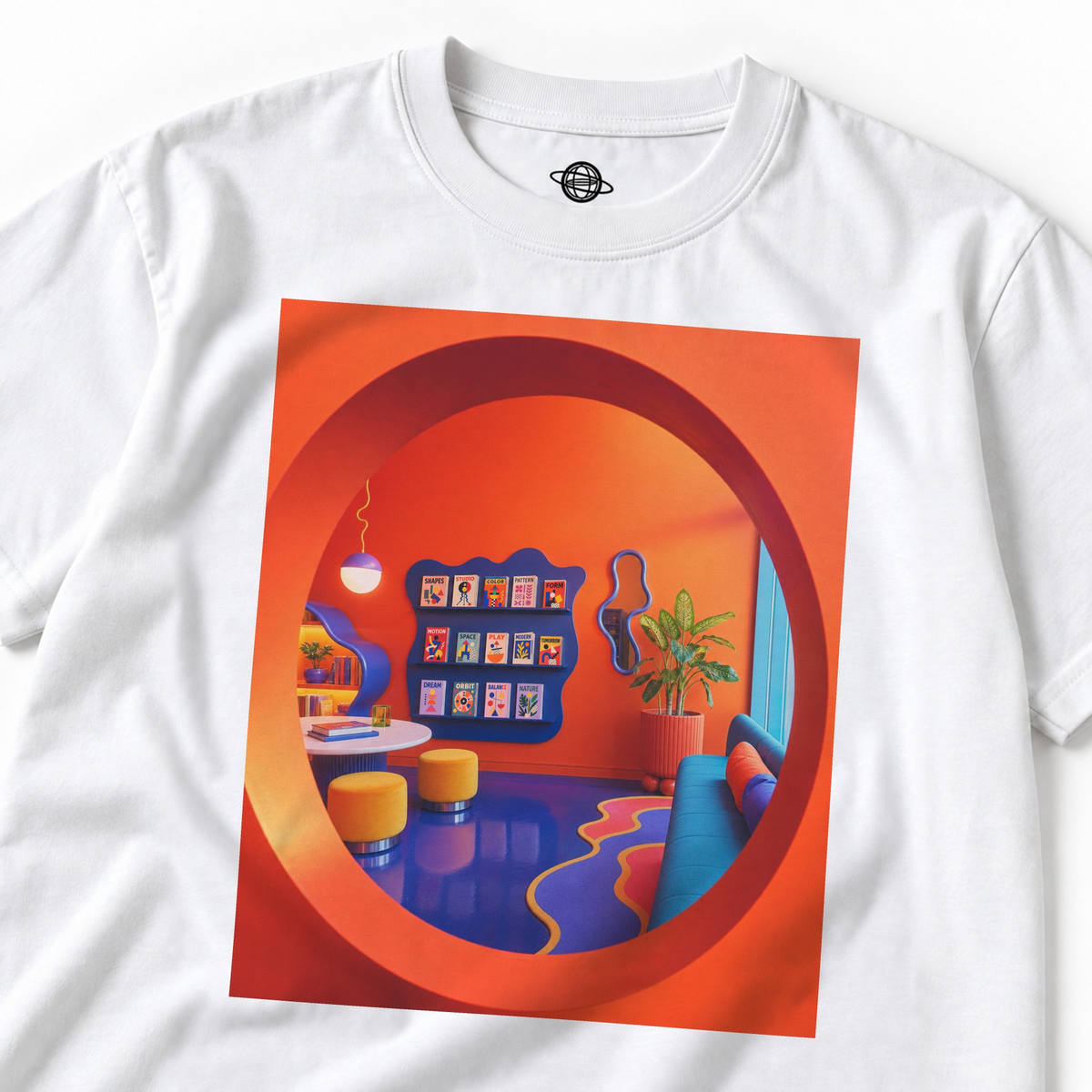 White Wacky Pomo Library tee with an orange circular doorway framing a colorful reading room, blue sofa and books.