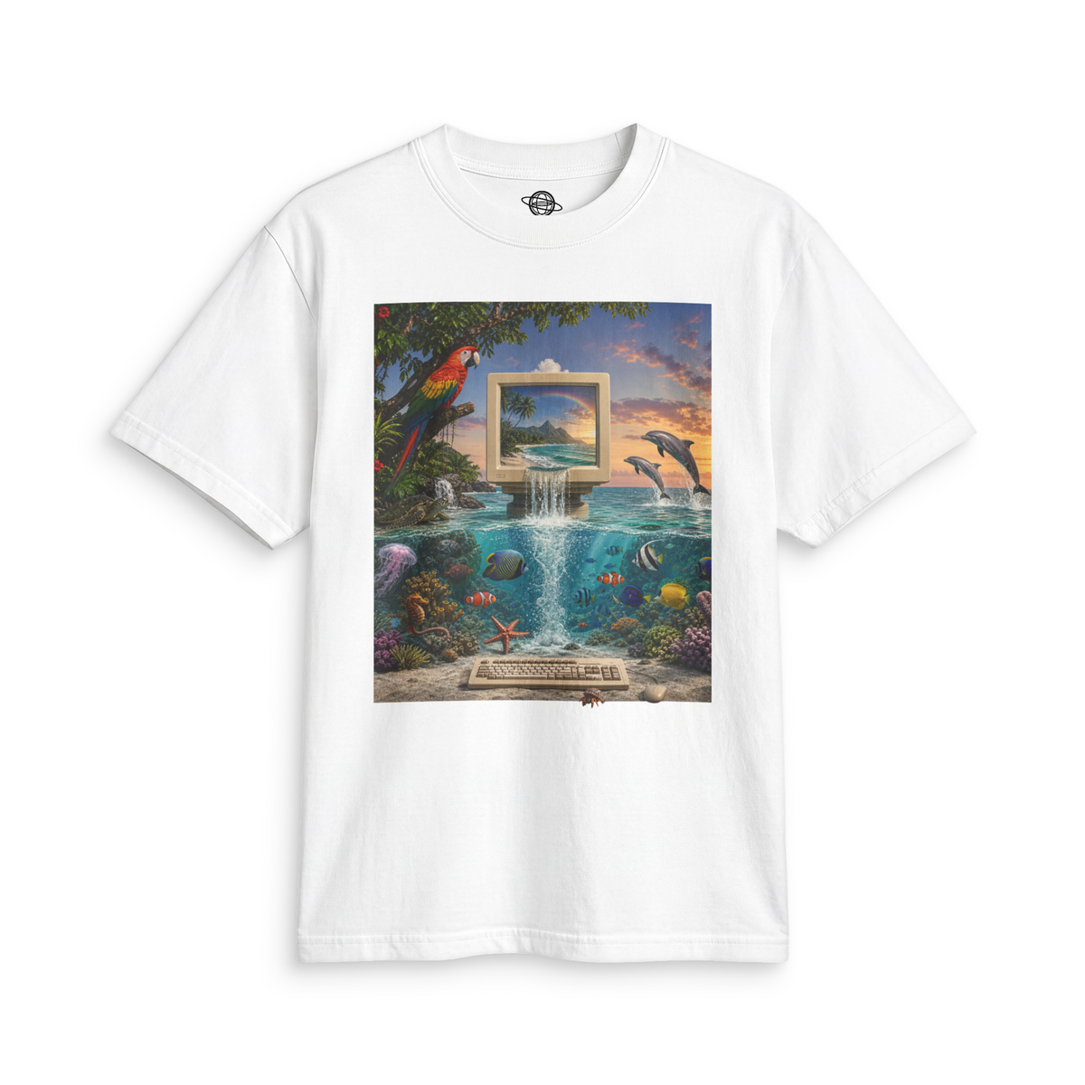 White Rainforest tee with a retro computer, waterfall, parrot, dolphins and tropical fish in a vivid ocean scene.