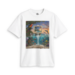 White Rainforest tee with a retro computer, waterfall, parrot, dolphins and tropical fish in a vivid ocean scene.
