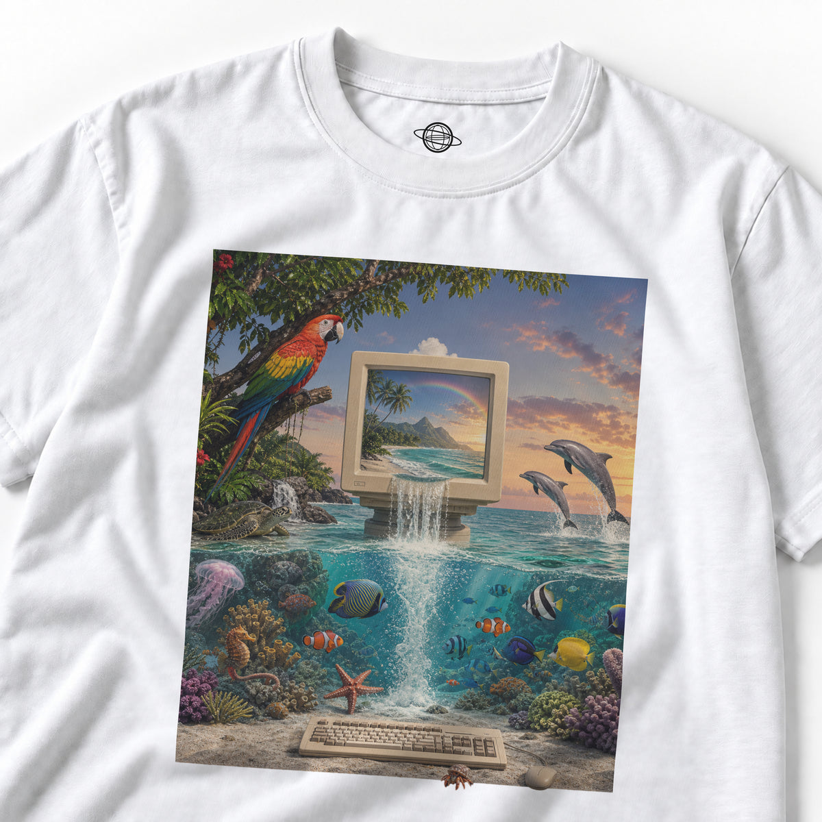 White Rainforest tee with a retro computer, waterfall, parrot, dolphins and tropical fish in a vivid ocean scene.