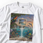 White Rainforest tee with a retro computer, waterfall, parrot, dolphins and tropical fish in a vivid ocean scene.