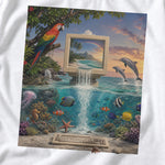 White Rainforest tee with a retro computer, waterfall, parrot, dolphins and tropical fish in a vivid ocean scene.