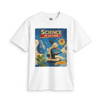 White Science Textbook tee with a blue "Science in Action" graphic featuring a microscope, flask and atom.