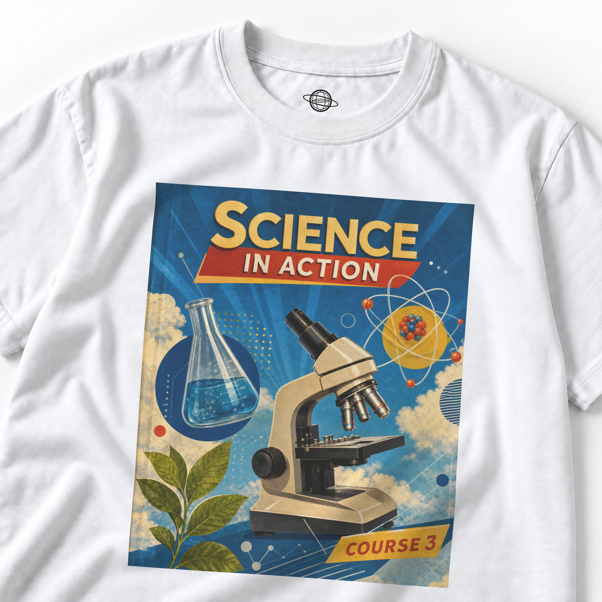 White Science Textbook tee with a blue "Science in Action" graphic featuring a microscope, flask and atom.