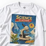 White Science Textbook tee with a blue "Science in Action" graphic featuring a microscope, flask and atom.