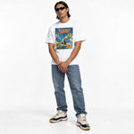 White Science Textbook tee with a blue "Science in Action" graphic featuring a microscope, flask and atom.