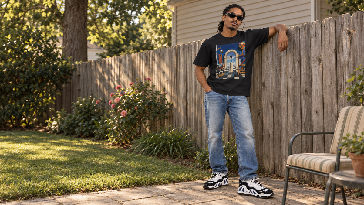 A man wearing the black Utopian Laboratory Tee beside a backyard fence