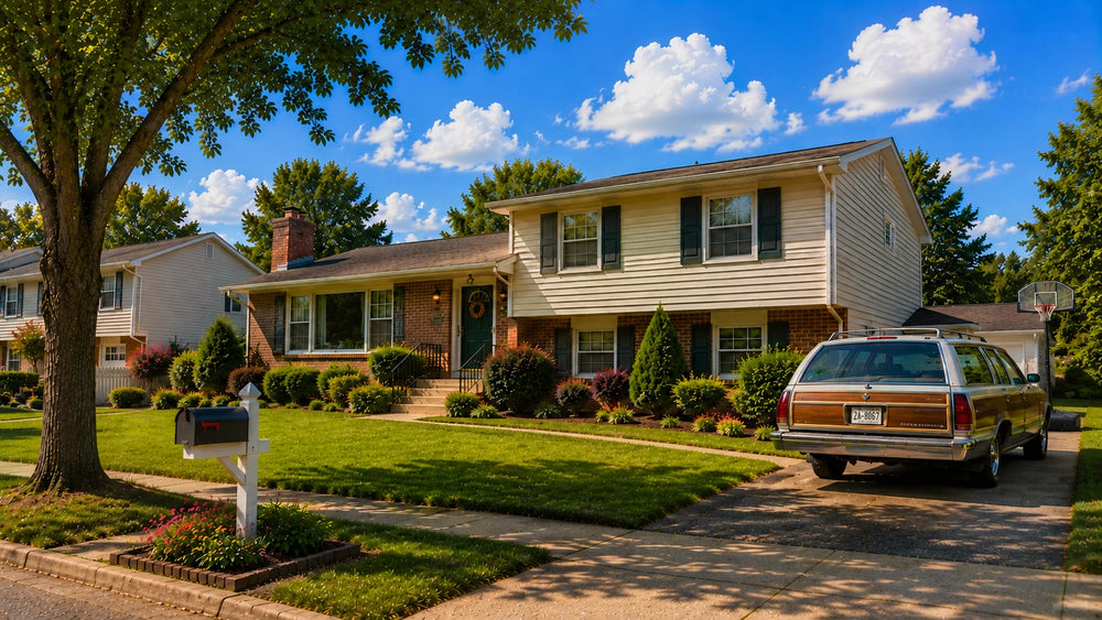 A split-level home and wood-paneled station wagon on a sunny suburban afternoon
