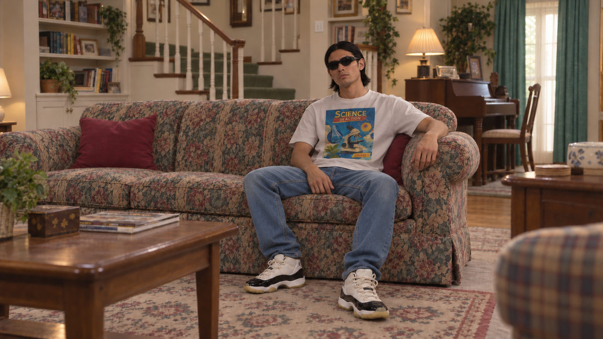 A man wearing the white Science Textbook Tee on a floral sofa in a nostalgic living room