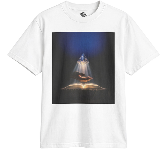 90s Utopian Knowledge Tee in White, transparent front cutout